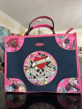 Ed Hardy Large Tote Bag. Hot Pink Skulls Mixed With Denim.  NWT
